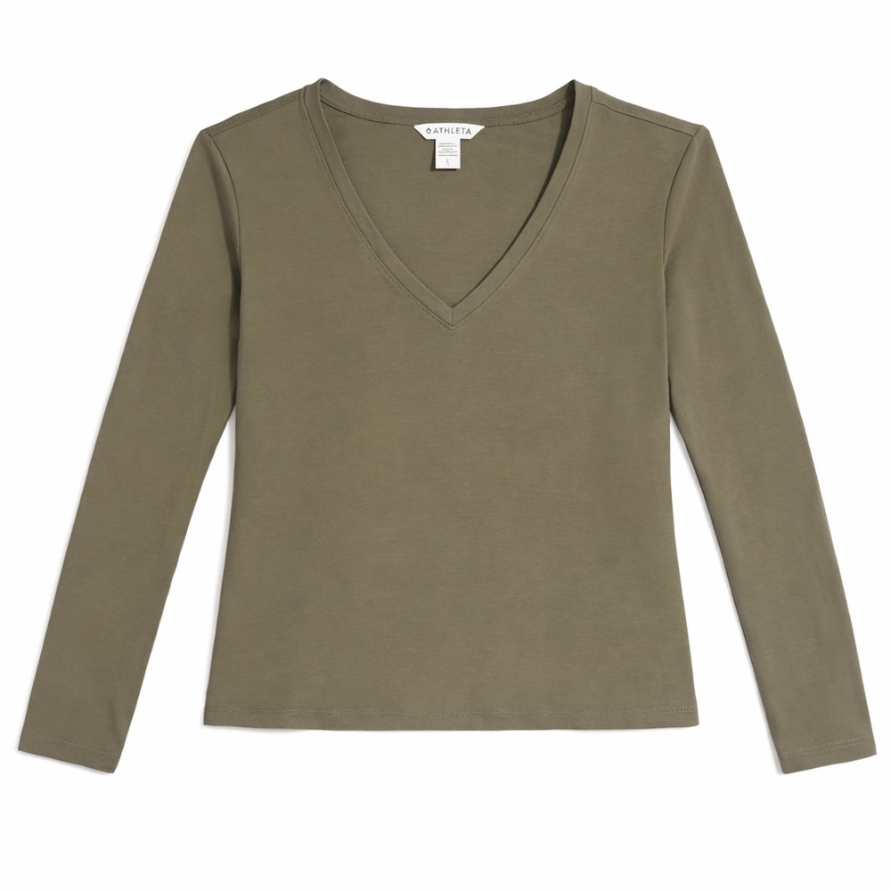 Athleta Khaki V-Neck Long Sleeve Tee